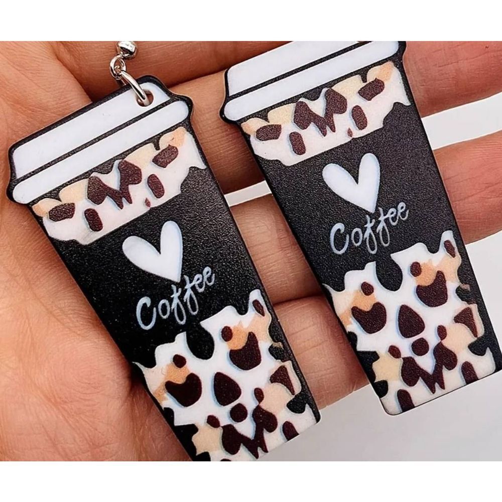 Dangle Drop Earrings Unisex Coffee Cafe Latte Tea Cup Heart Leopard Black Bown